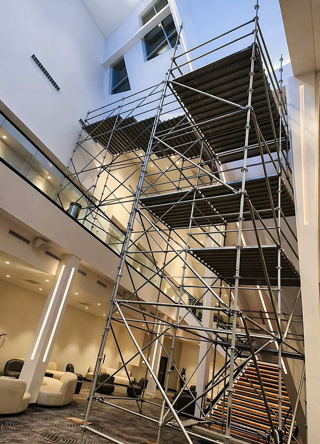 Tall interior scaffolding system installed by BKing Scaffolding in a premium atrium space